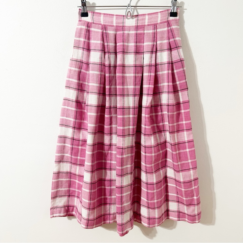 Vintage Chaus Petites Plaid Pleated Midi Skirt Banded Waist Side Button 🩷🤍🖤 - Picture 4 of 9